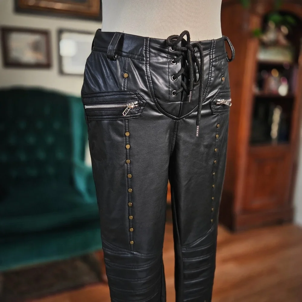 Faux Leather Biker Pants Black Lace Up Front Studded Moto Trousers Women Medium